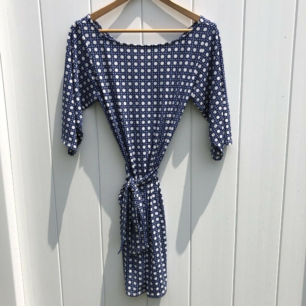 Leota Dress Tie Waist V Back Blue White Print S
